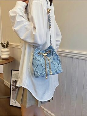 Light Blue Denim Drawstring Bucket Bag with Chain Strap